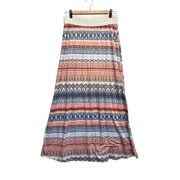 Vanity Maxi Skirt L Boho Tribal Aztec Print Peach Blue White Stretch Waist 45” - Picture 1 of 7